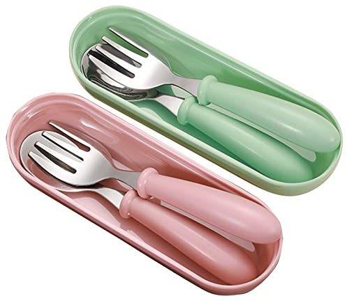 Vastsea Set di 2 Posate per Bambini, Cucchiai e Forchetta Posate per Bambini, Posate da Bambino in Acciaio Inossidabile, con Una Custodia Portatile, per la Casa EI Viaggi (Rosa, Verde)