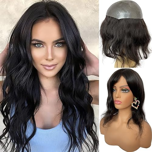 Voloria 12INCH Hair Toppers for Women Real Human Hair Topper Miduim Density Full PU Base Hairpiece Hair Extensions (1B Black Color)