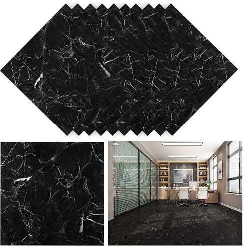 10 Sheets Self Adhesive Vinyl Floor Tiles - Waterproof Marble Black Peel and Stick Tiles for Kitchen and Living Room 30x30cm