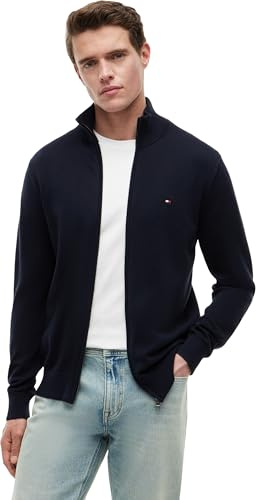 Tommy Hilfiger Uomo Pullover con Cerniera Essential Cotton Zip Thru Collo alla Coreana, Blu (Desert Sky), L
