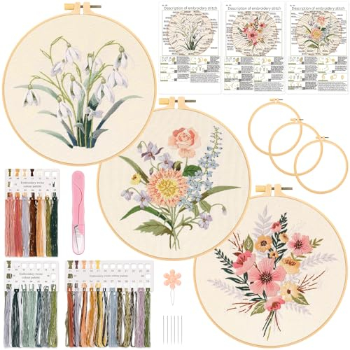 JSRQT 3 Sets Stickerei Set Blumen Anfänger Erwachsene, Gestempeltes Kreuzstich Sticken Kit, Handgefertigtes Nadelspitzen Stickset mit 3 Stoffen, 3 Stickrahmen, Nadel und Faden, für DIY Kunst Handwerk