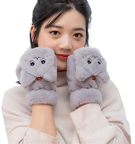 SJTJSPX Halbfinger Handschuhe Damen Plüsch Handschuhe Studentin Erwachsene Teenager Cartoon Katze Fäustlinge Winter Warme Fingerlose Flip Top Halbfingerhandschuhe Für Ski Radfahren Laufen