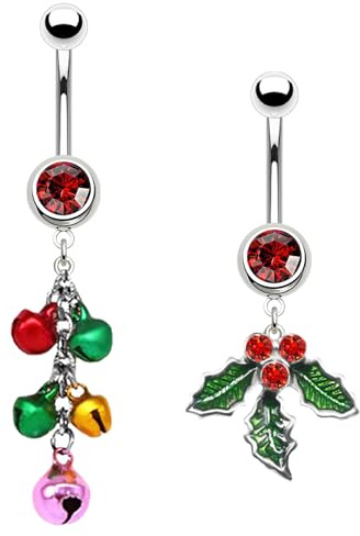 FLOGWE 316L 2 PCS Christmas Dangle Mistletoe Belly Button Rings 14G Stainless Steel Jingling Bell Navel Rings for Women Belly Piercing Jewelry, ONE SIZE, Stainless Steel, cubic zirconia, ONE