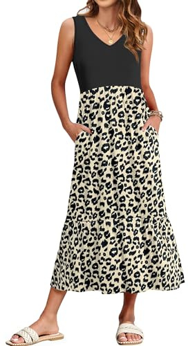 WNEEDU Lång ärmlös klänning dam sommar V-ringad ledig klänning med fickor strandöverdrag, Svart Leopard, M