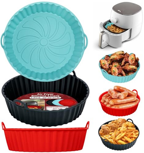 Alyvisun Moule Silicone Air Fryer, 3 Pièces Panier Moule pour Airfryer Réutilisable Friteuse à Air Chaud Plat Pot Ronde Doublure Liner pour Friteuse Air, Micro-ondes, Four (Rouge+Noir+Bleu)