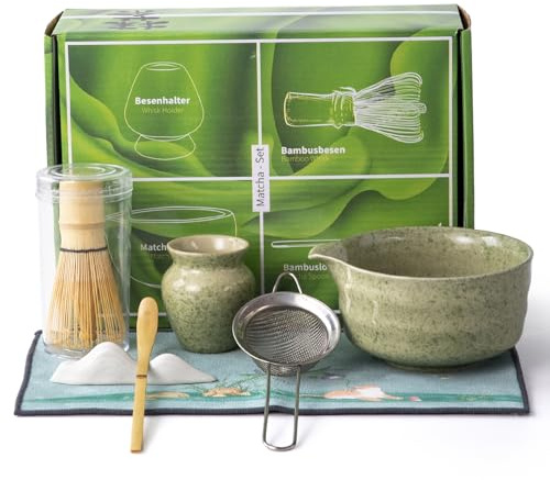 QDDTRAHCCLJZ matcha whisk set,matcha set, including matcha bowl, matcha whisk and stand, sieve, spoon, cloth mat, gift for matcha lovers (Green)