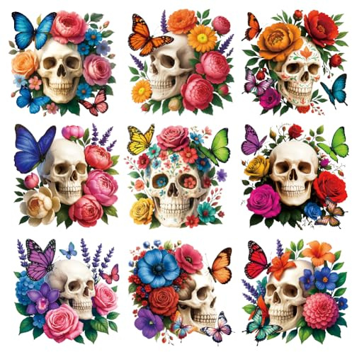 SUPERDANT 9PCS Skull Iron on Transfers Butterfly Flower Heat Transfer Stickers DIY Iron On Decals Washable Heat Transfers Paper for Clothing T-Shirt Backpacks Bag Pillow Decor Applique