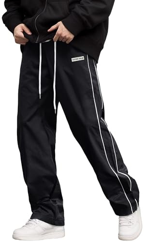 AIEOE herr, säckig joggingbyxor, Y2K, träningsbyxor, breda sportbyxor med dragsko, streetwear, fritidsbyxor med rörband, tonåring, mode, svart, S
