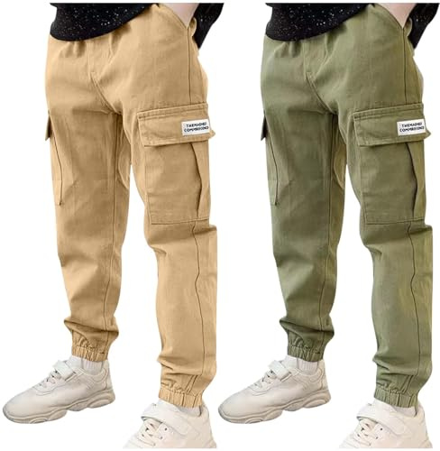 BXJX 2 Pack Boys Cargo Pants Casual Elastic Waist Pull On Trousers with Multi Pockets Fashion School Pants for Boys 3-14Y Boy Back to School Clothes Brown 7 Years
