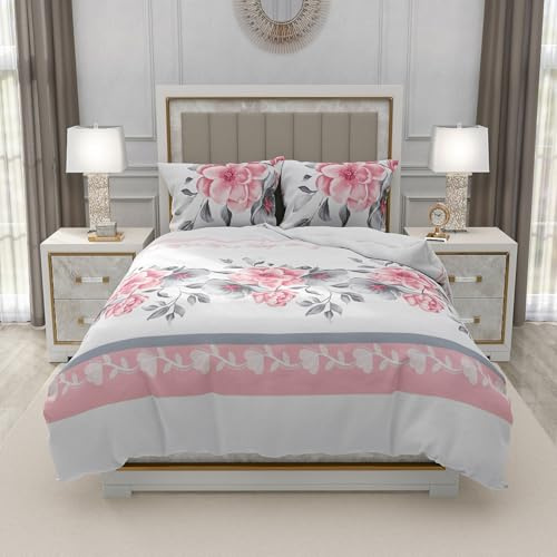 Trendy 4 Piece Complete Bedding Set – Soft Microfiber Double Duvet Cover, Fitted Sheet & 2 Pillowcases | Floral Printed, Wrinkle-Free & Lightweight for All Seasons