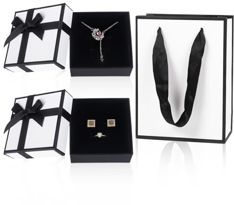 Nwvuop Boîte cadeau pour bijoux avec sac cadeau, 7,5 × 7,5 × 3,5 cm, petite boîte cadeau avec couvercle pour bague, chaîne, bracelet, emballage cadeau