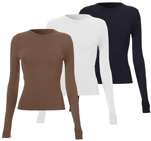 Generico 3 Pack Maglia Manica Lunga Donna Maglia Slim Fit Elasticizzata Y2k Crop Top Elegante Strato Base Elasticizzato Intimo Comoda E Avvolgente Maglietta da Maglie Autunno Invernale