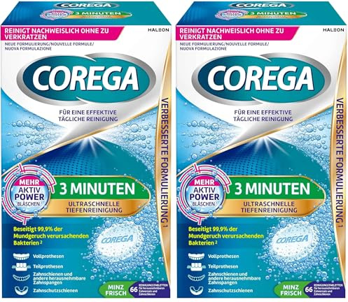 Corega Tablettes de 3 minutes pour prothèses complètes et partielles, rétenteurs et aligneurs, gouttières et autres appareils dentaires amovibles, 1 x 66 pièces. (Lot de 2)