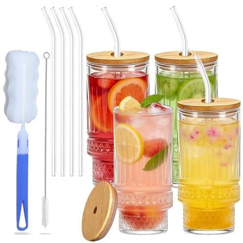 Dazhtu Juego de 4 Vasos de Cristal Agua con Pajita, 320ml Vasos de Latte Macchiato con tapa, Tazas de Café de Vidrio, Vasos de Cóctel para Café, Yogur, Soda, Cocktail, Cerveza, Batidos, Whisky