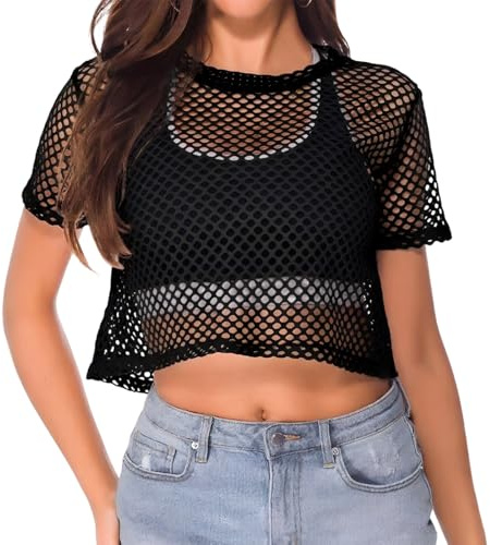 FHRYNA Haut en Résille Noir pour Femme, T-Shirt à Mailles Ajourées Style Années 80 et 90, Top de Soirée Néon Disco, Punk et Carnaval, Accessoire de Déguisement Rétro, Taille Unique