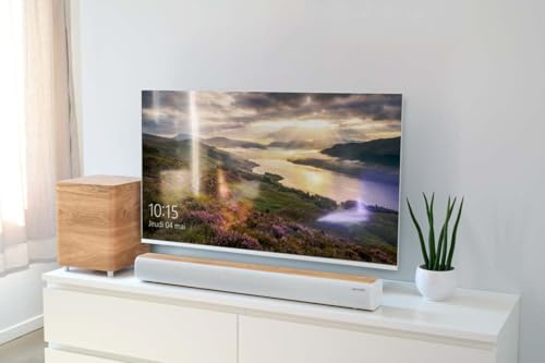 THOMSON Barre de Son et Caisson de Basses sans Fil 300W, Système Home Cinéma 2.1 Bluetooth 5.3, Entrée Optique, USB, EQ - Bois et Blanc - SB400BTWSWH