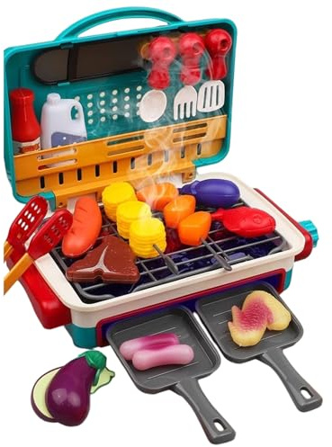 Kids BBQ Grill Playset 35Pcs/Set Simulated Color-Changing Food Kitchen Toy Set with Smoke & Light 2-Mode Fun Play Kitchen Accessories for Girls Boys Kids Game Toys.