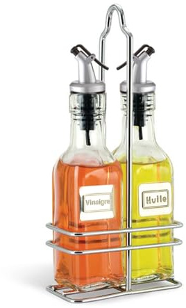 Cuisinox Cruet Oil and Vinegar Bottles Set with Dripless Spouts and Wire Caddy, French Labels - 6 oz each