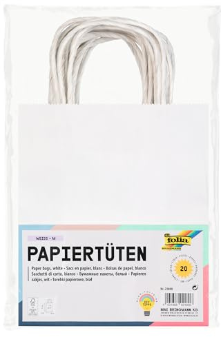 folia 21800 - Lot de 20 sacs en papier kraft - 18 x 8 x 21 cm - Blanc - Pour bricoler, décorer et offrir