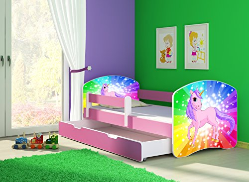 CLAMARO 'Fantasia Pink' 180 x 80 Kinderbett Set inkl. Matratze, Lattenrost und mit Bettkasten Schublade, mit verstellbarem Rausfallschutz und Kantenschutzleisten, Design: 18 Einhorn Regenbogen
