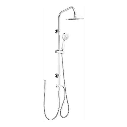 ENKI, Carre, RG061, Chrome, Dual Rigid Riser Kit with Round Ultra Slim High Pressure Overhead Showerhead and Multi Function Hand Shower Set, Stainless Steel, Modern, Easy to Install, 1-Year Guarantee