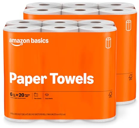 Amazon Basics 2-Ply Flex-Sheets Paper Towels, 12 Basics Rolls = 40 Regular Rolls, Everyday Value with 150 Sheets per Roll, Packaging May Vary