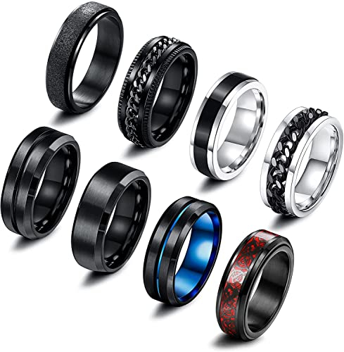 Milacolato 8 Stück Edelstahl Fidget Ring Spinner Ring Edelstahl Spinner Ringe für Zappeln für Damen Hochzeitsversprechen Schwarze Bandringe Coole schwarze Ringe für Männer 52-70