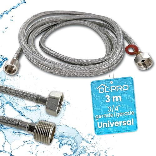DL-pro Rallonge de tuyau d'alimentation 3 m 3/4 droit/droit -15° à +90° en acier inoxydable pour machine à laver, lave-vaisselle, lave-vaisselle