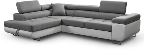 Ecksofa Aller L-Form mit Schlaffunktion und Bettkasten in Hellgrau + Kunstleder Weiß, Links Ottomane