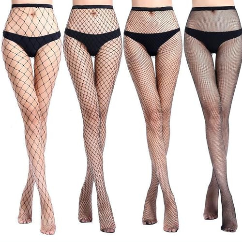 Risipu 4 Pairs Black Fishnet Tights for Women Sexy Cross Mesh Tights Fishnet Stockings High Waisted Fishnets Pantyhose Ladies Fish Net Tight (One Size, Black)
