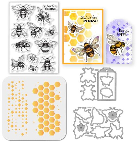 GLOBLELAND Bee Insect Label Clear Stamp Flower Cutting Die Honeycomb Background PET Paint Craft Template Stencils Set for Card Making and DIY Embossing Scrapbooking Craft Decor