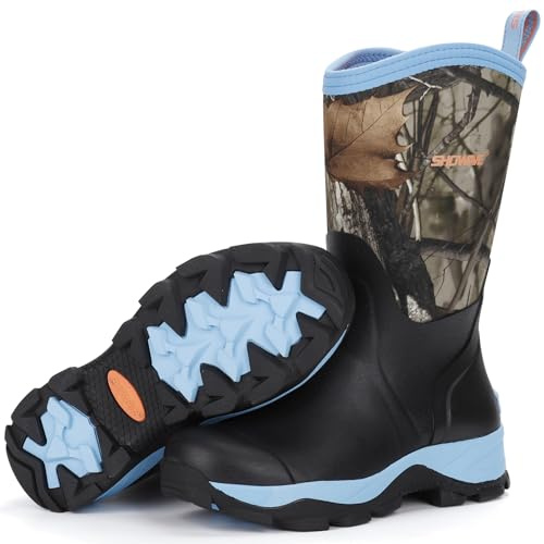 Showave Rubber Boots for Women Mid Calf Rain Boots Women Insulated Garden Boot Waterproof Durable Mud Boot for Hunting Farming Working(Camo Blue,Size 9)