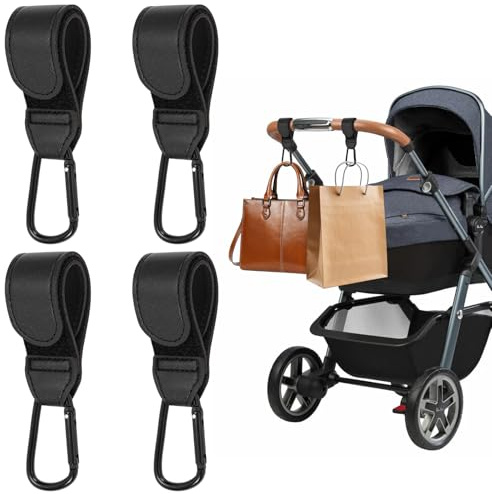 4 Pezzi Ganci Passeggino, Ganci Passeggino Universali in Pelle, Ganci per Passeggino Porta Borse per Pannolini, Zaino, Shopping, Uso Esterno