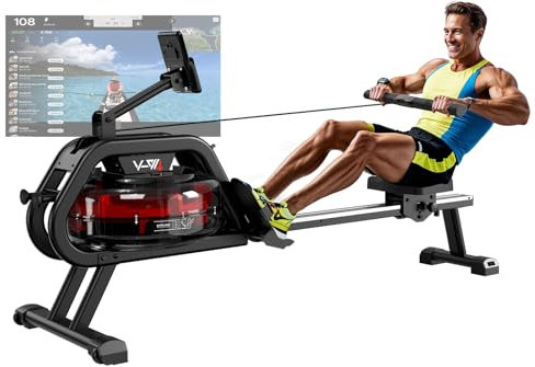 Rudergerät für zuhause Wasser Rudergerät 28L für 50% mehr Widerstand | 90°-Wassertank für 40% mehr Widerstand aus Hochwertigem Massivholz mit Bluetooth Display Max Benutzergröße 200cm