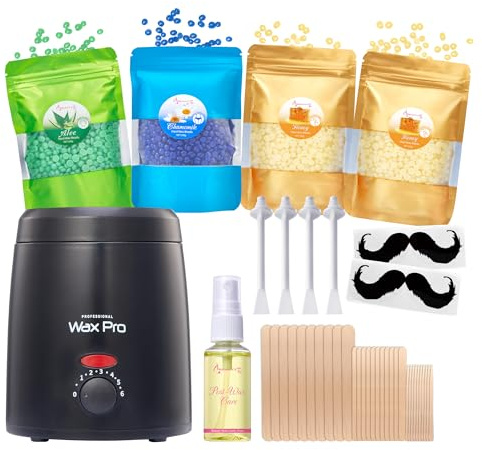 Beauty7 Waxing Kit, Wax Warmer, Wax Pot for Hair Removal 400g Beans + Wax Pot + After Oil + 30p Wooden Stick + 4 Nose Sticks + Beard Painless Waxing Machine for Body Waxing