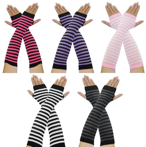 5 Paires Gants Longs sans Doigts à Rayures Chauffe pour femme, sans doigts, rayés, chauffe-Bras en Tricot Femmes, manchettes à rayures pour l'automne et l'hiver.