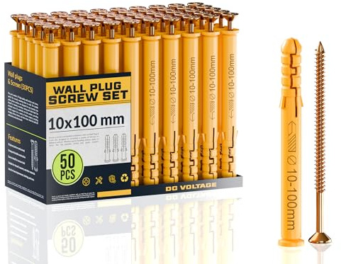 DC VOLTAGE 50 Pcs Wall Plugs and Screws Set 10mm x 100mm Concrete Fixings Screws and Wall Expansion Anchors Plugs Kit Wall Hanging Mounting TV Mount Drywall Self Tapping Screw Wall Plug