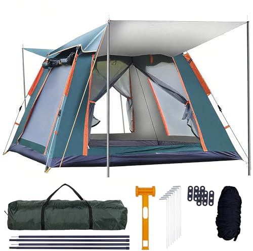 QQ CAT Pop Up Tent 2 Man, Waterproof 3000mm Instant Camping Dome Tent with Porch, Windproof Automatic Fast Festival Tent for Adults 4 Seasons, Green/Orange