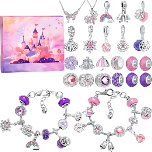 Calendrier de l'Avent 2025 Enfant Fille, Calendrier de l'avent Bijoux,Bracelet DIY et Collier,Cadeaux de Noël pour Enfants Filles Ados