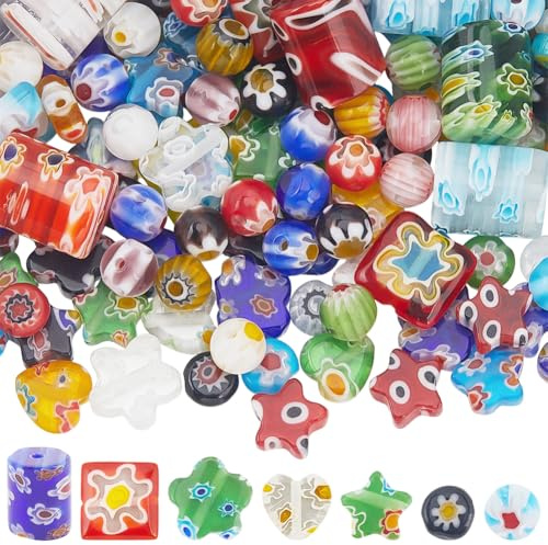 PONABEADIY 1 Box 7 Styles 170PCS Lampwork Glass Beads with Hole Handmade Millefiori colourful Flower Round Flat Heart Star Square Column Loose Spacer Bead for Jewellery Making Necklace Bracelet Diy