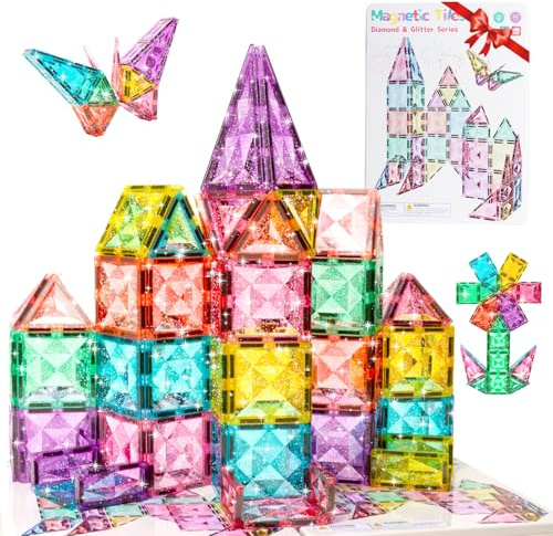 Große Glitzer Magnetische Bausteine, 48-teiliges Diamant-Magnetbausteine Set mit Magnet-Aufbewahrungsbox, STEM-Lernspielzeug, pädagogisches Sinnes-Spielzeug für Kleinkinder Jungen Mädche ab 3 Jahren
