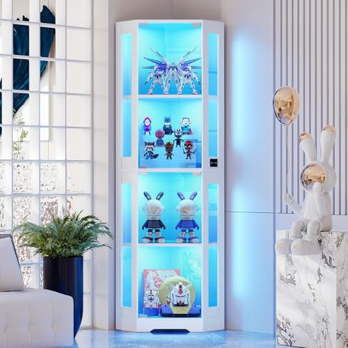 BROTTAR Corner Glass Display Cabinets with Lights, Corner Bookshelf Unit with Human Sensor, Kitchen Cupboard Storage with Magnetic Lock for Study, Office, Living Room, Bedroom, Kitchen, White