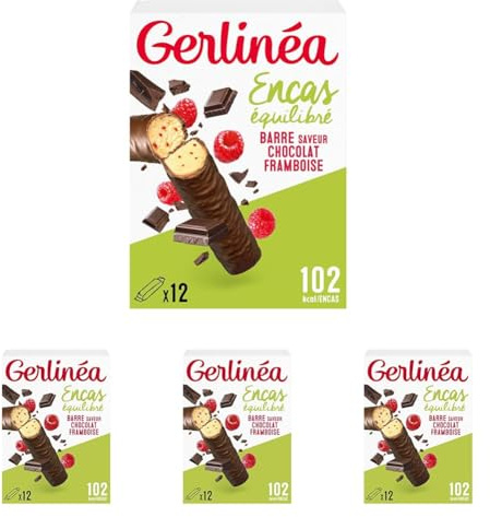Gerlinéa - Barres Protéinées - Chocolat Noir Framboise - Encas Équilibré - Goûter et Petit-Déjeuner - Réduites en Sucre - Sans Huile de Palme - 1 Boîte de 12 Barres - 372 g (Lot de 4)