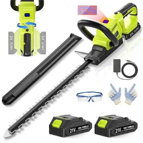 VOERJIA 21V Hedge Trimmer Cordless with Battery, 20 Lightweight Electric Bush Trimmer, 2X 2.0Ah Batteries & LCD Display, 180° Rotating Handle, 3000RPM Dual-Action Blades, 2/3 Gap for Shrubs