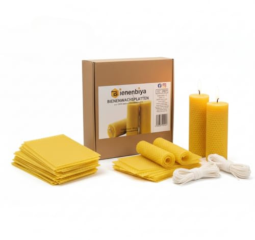 Placas de cera de abeja natural para velas, 12 unidades, 20 x 20 cm, placas de cera amarilla con mecha de algodón, juego de manualidades de cera de abejas para familia, niños y amigos
