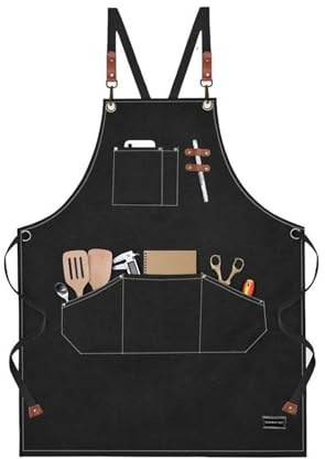 CGJseFH delantal de trabajo, Delantal de trabajo con múltiples bolsillos for hombre, delantal herramientas ajustable resistente espalda cruzada lona algodón for cocina, jardinería y cafetería(Black)