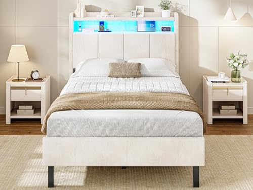 AOGLLATI Cama Matrimonial 90x190 con Espacio de Almacenaje, Marco de Cama con LED, Cabecero con Carga Integrada USB y Type-C, Terciopelo Beige