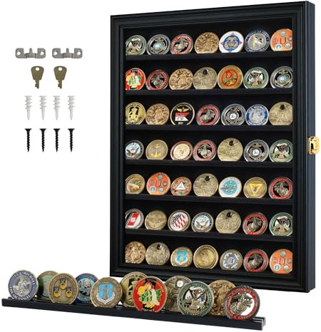 56 Challenge Coin / Casino Chip Display Case Cabinet Holder Shadow Box, with Glass Door (COIN56-BL)