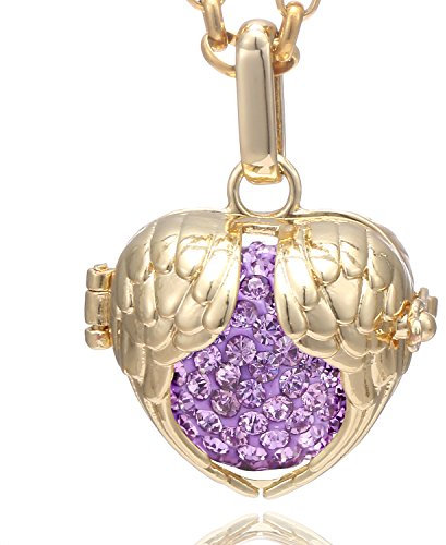 Morella Collar de Acero Inoxidable Dorado 70 cm con Colgante alas de ángel de la Guarda y Bola de resonancia de Color Lila Ø 16 mm para Damas en Bolsa para Joyas