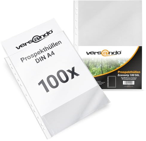 versando 100x A4 Prospekthüllen Economy mit Heftrand Klarsichthüllen genarbt transparent 45my (1x100 Stück)